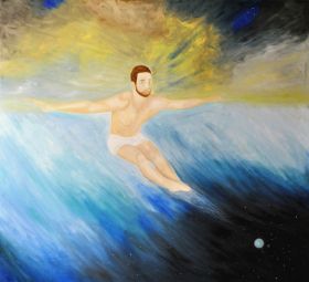 Kosmiczny surfer, olej na płótnie 100 x 110 cm, 2017r.